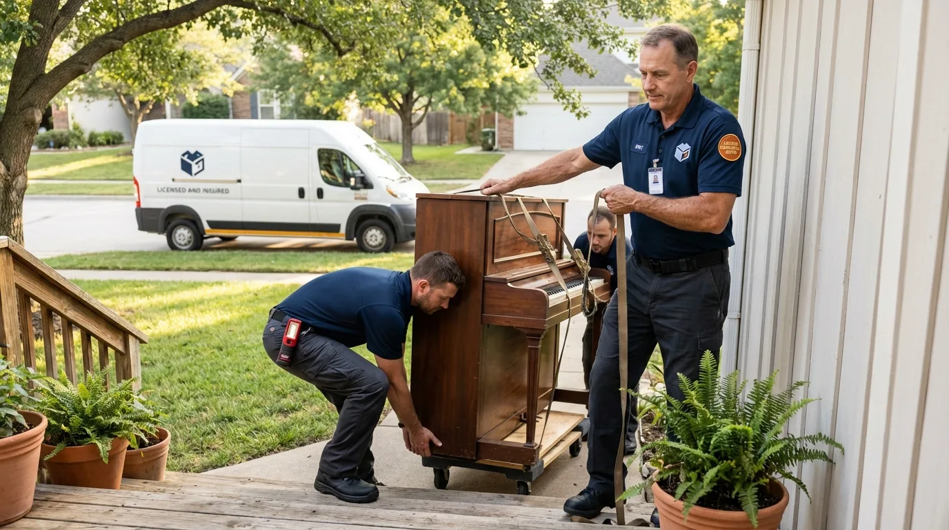 Licensed piano movers securing grand piano in Ravenna, NE