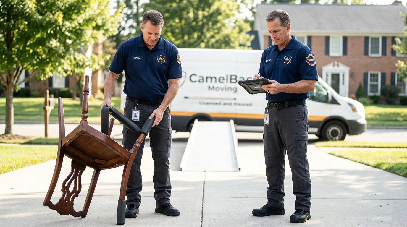 Movers inspecting furniture for damage prevention before loading in Ravenna, NE