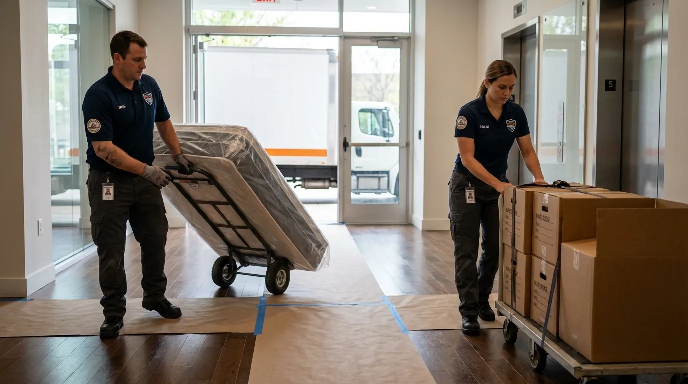 Professional apartment movers loading elevator in Ravenna, NE