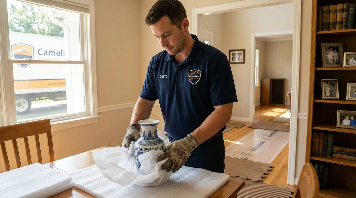 Professional crew carefully wrapping antique vase for senior downsizing move in Ravenna, NE